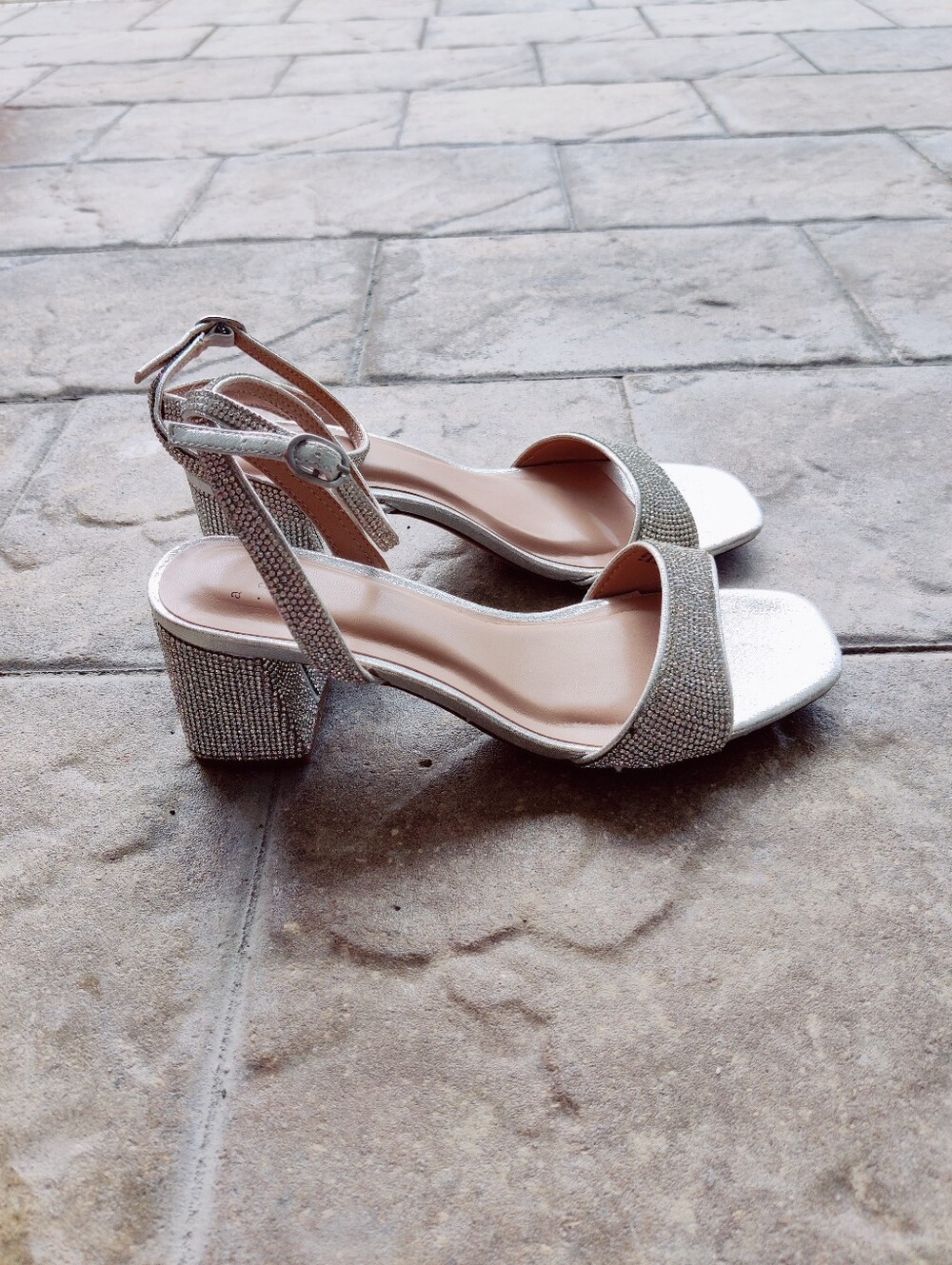 Women's Silver Block Heel Ankle Strap Sandals